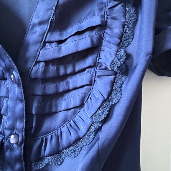 Smart Set Navy Satin Ruffle Button-Down Blouse - Picture 3 of 4